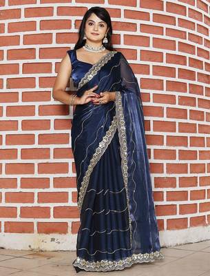 Navy blue embroidered mirror work organza saree 2