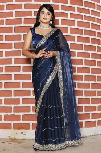 Navy blue embroidered mirror work organza saree