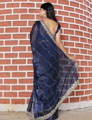 Navy blue embroidered mirror work organza saree 3