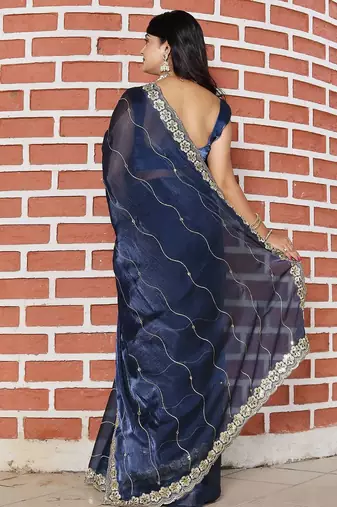Navy blue embroidered mirror work organza saree