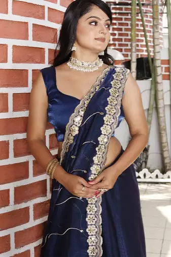 Navy blue embroidered mirror work organza saree
