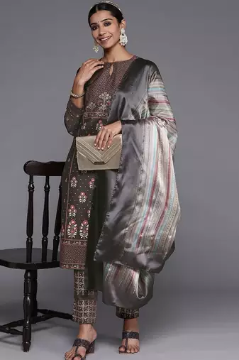 women ethnic motifs printed regular kurta with trousers & with dupatta