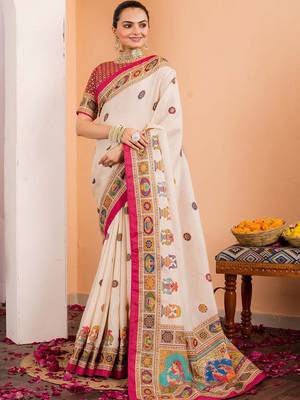 Cream ethnic motifs silk blend saree 1