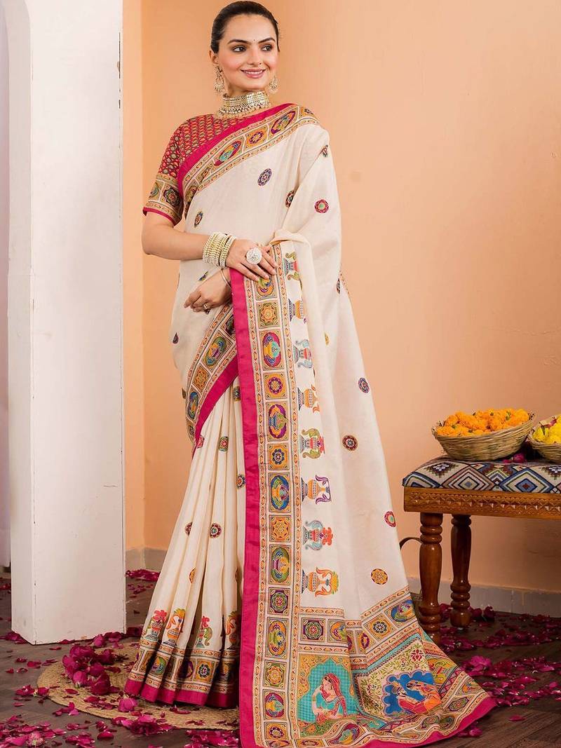Cream ethnic motifs silk blend saree