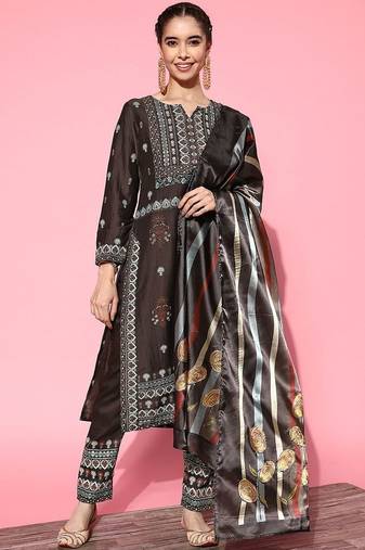 women ethnic motifs printed regular kurta with trousers & with dupatta