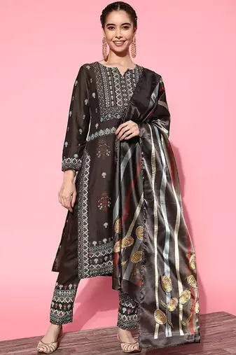 women ethnic motifs printed regular kurta with trousers & with dupatta