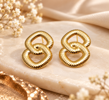 Gold-toned double ring ribbed stud earrings, anti-tarnish 2
