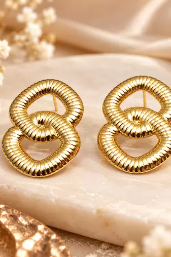 Gold-toned double ring ribbed stud earrings, anti-tarnish