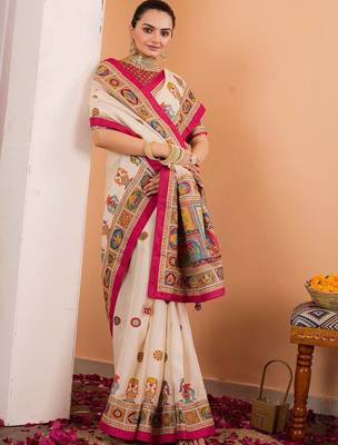 Cream ethnic motifs silk blend saree 2