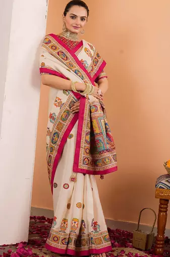 Cream ethnic motifs silk blend saree