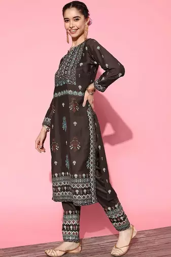 women ethnic motifs printed regular kurta with trousers & with dupatta