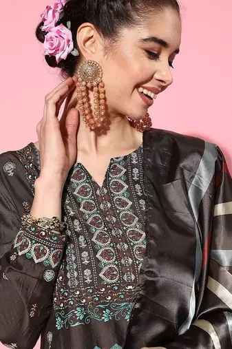 women ethnic motifs printed regular kurta with trousers & with dupatta