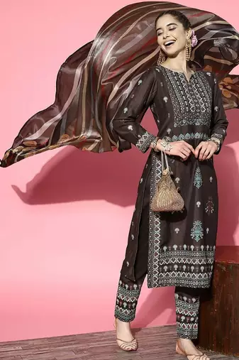 women ethnic motifs printed regular kurta with trousers & with dupatta