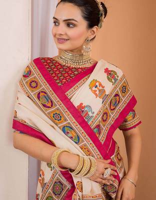 Cream ethnic motifs silk blend saree 4