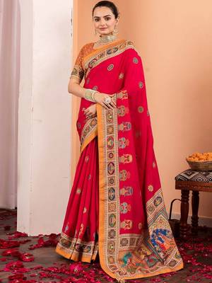Pink ethnic motifs silk blend saree 1