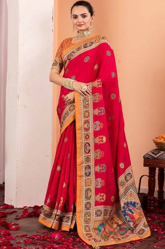 Pink ethnic motifs silk blend saree