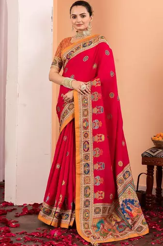 Pink ethnic motifs silk blend saree