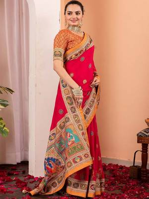 Pink ethnic motifs silk blend saree 2