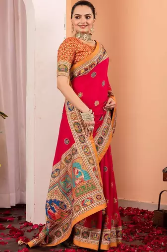 Pink ethnic motifs silk blend saree