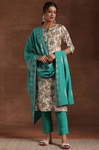 women floral printed regular kurta with trousers & with dupatta