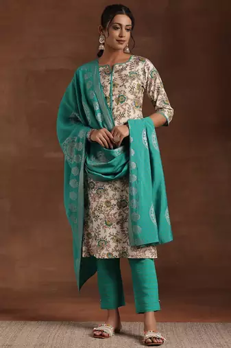women floral printed regular kurta with trousers & with dupatta