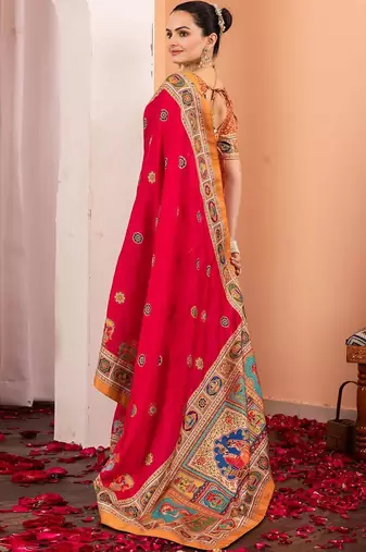 Pink ethnic motifs silk blend saree