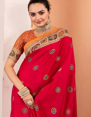 Pink ethnic motifs silk blend saree 4