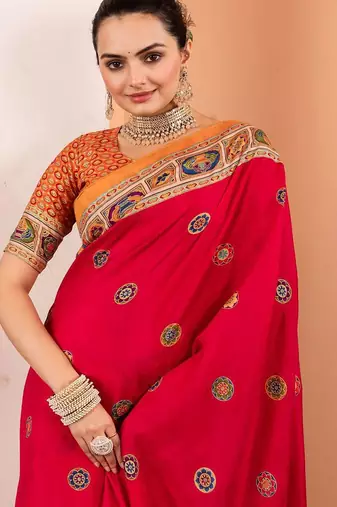 Pink ethnic motifs silk blend saree