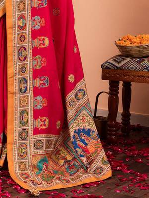 Pink ethnic motifs silk blend saree 5