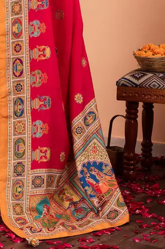 Pink ethnic motifs silk blend saree