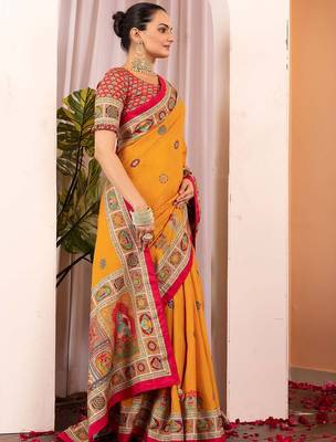 Mustard ethnic motifs silk blend saree 2