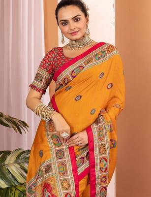 Mustard ethnic motifs silk blend saree 4