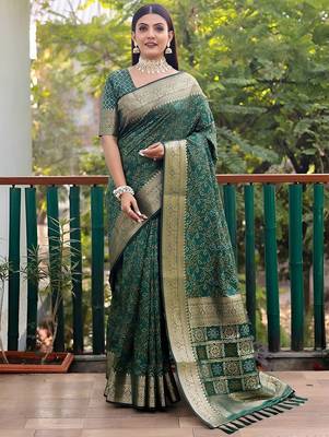 Green green ethnic motifs woven design banarasi saree 1