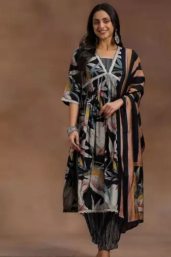women floral printed empire kurta with trousers & with dupatta