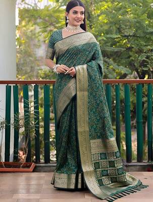 Green green ethnic motifs woven design banarasi saree 2