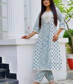 women ethnic motifs printed regular thread work kurta with trousers