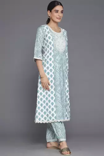 women ethnic motifs printed regular thread work kurta with trousers