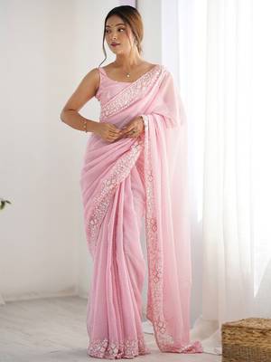 Pink women embellished sequinned saree 1