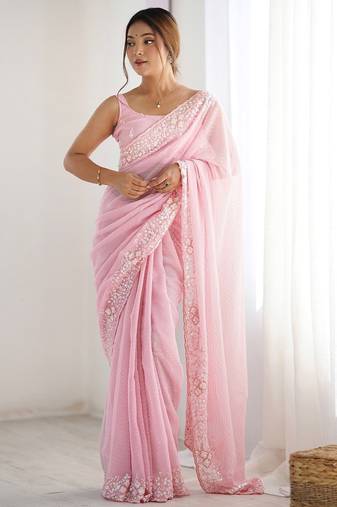 Pink women embellished sequinned saree