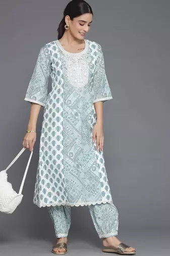 women ethnic motifs printed regular thread work kurta with trousers