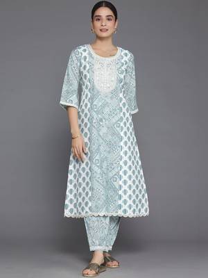 women ethnic motifs printed regular thread work kurta with trousers 6