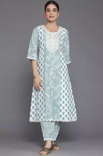 women ethnic motifs printed regular thread work kurta with trousers