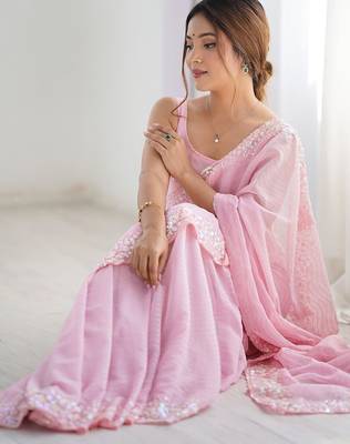 Pink women embellished sequinned saree 4