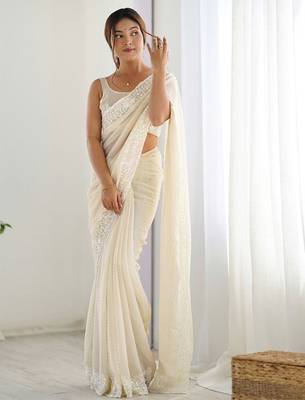 Off white embellished sequinned saree 1