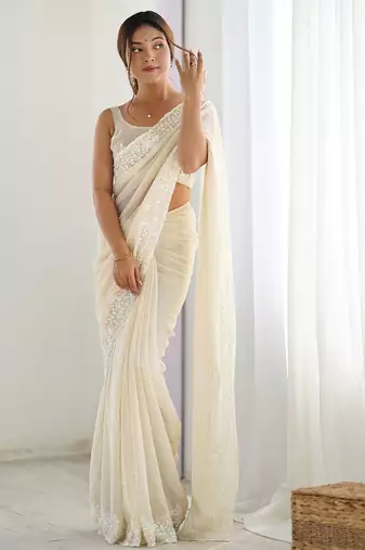 Off white embellished sequinned saree