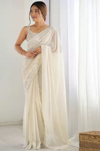 Off white embellished sequinned saree