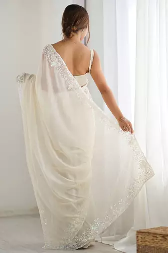 Off white embellished sequinned saree
