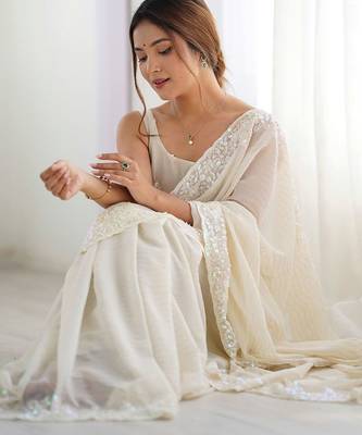 Off white embellished sequinned saree 4