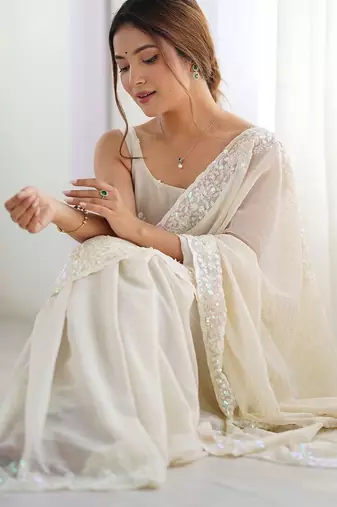 Off white embellished sequinned saree