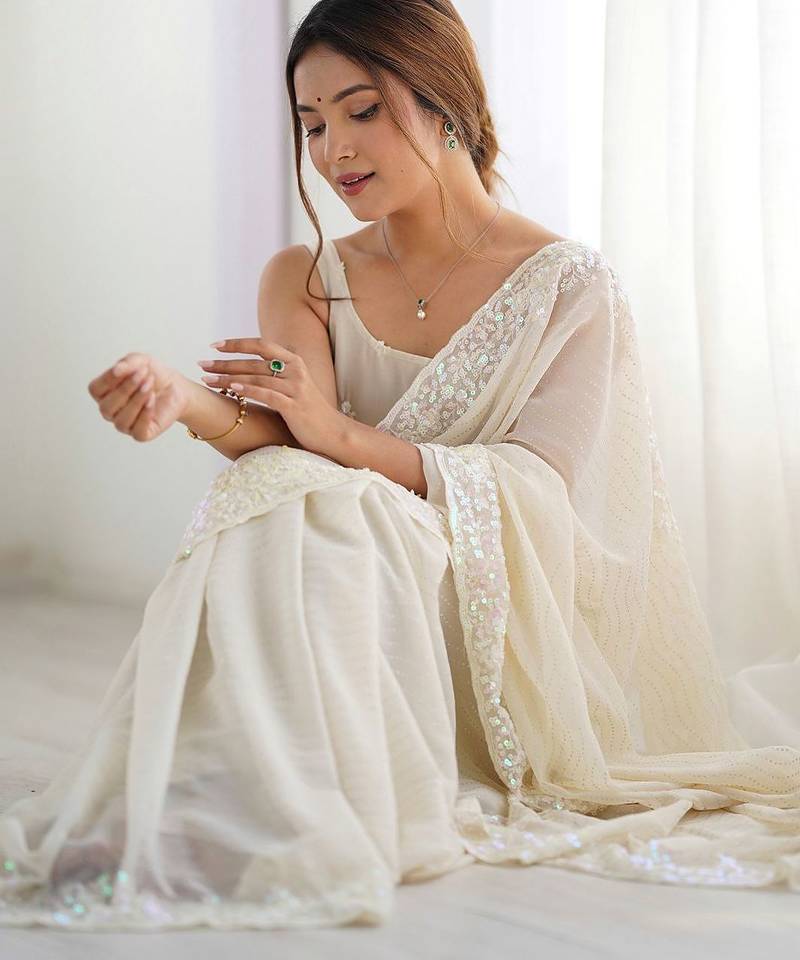 Off white embellished sequinned saree